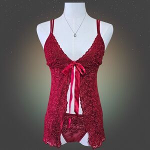 Vintage Y2K Red Lace Babydoll Lingerie Set  NWT Embroidered Sheer 2-Piece Small